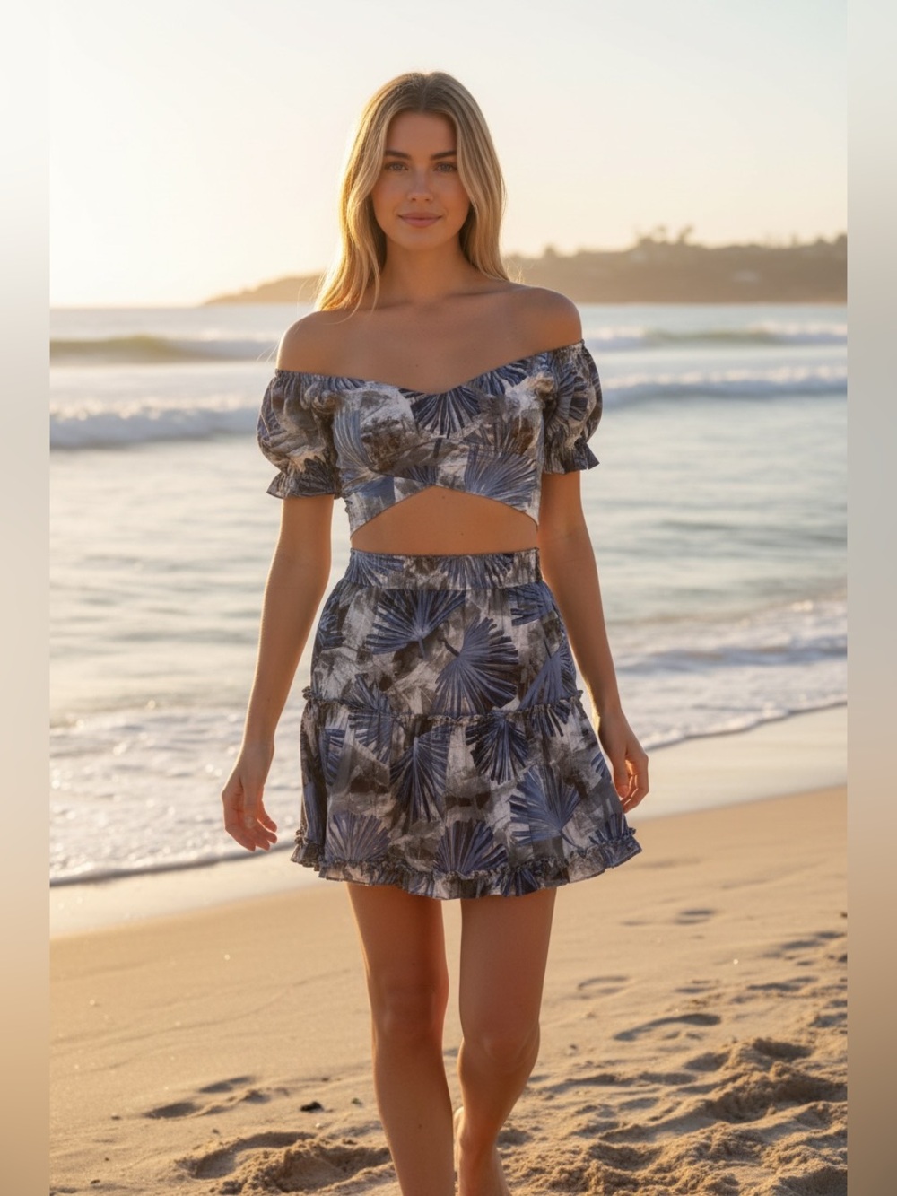 🔥 Off-Shoulder Two-Piece Skirt Set in Navy Palm Print